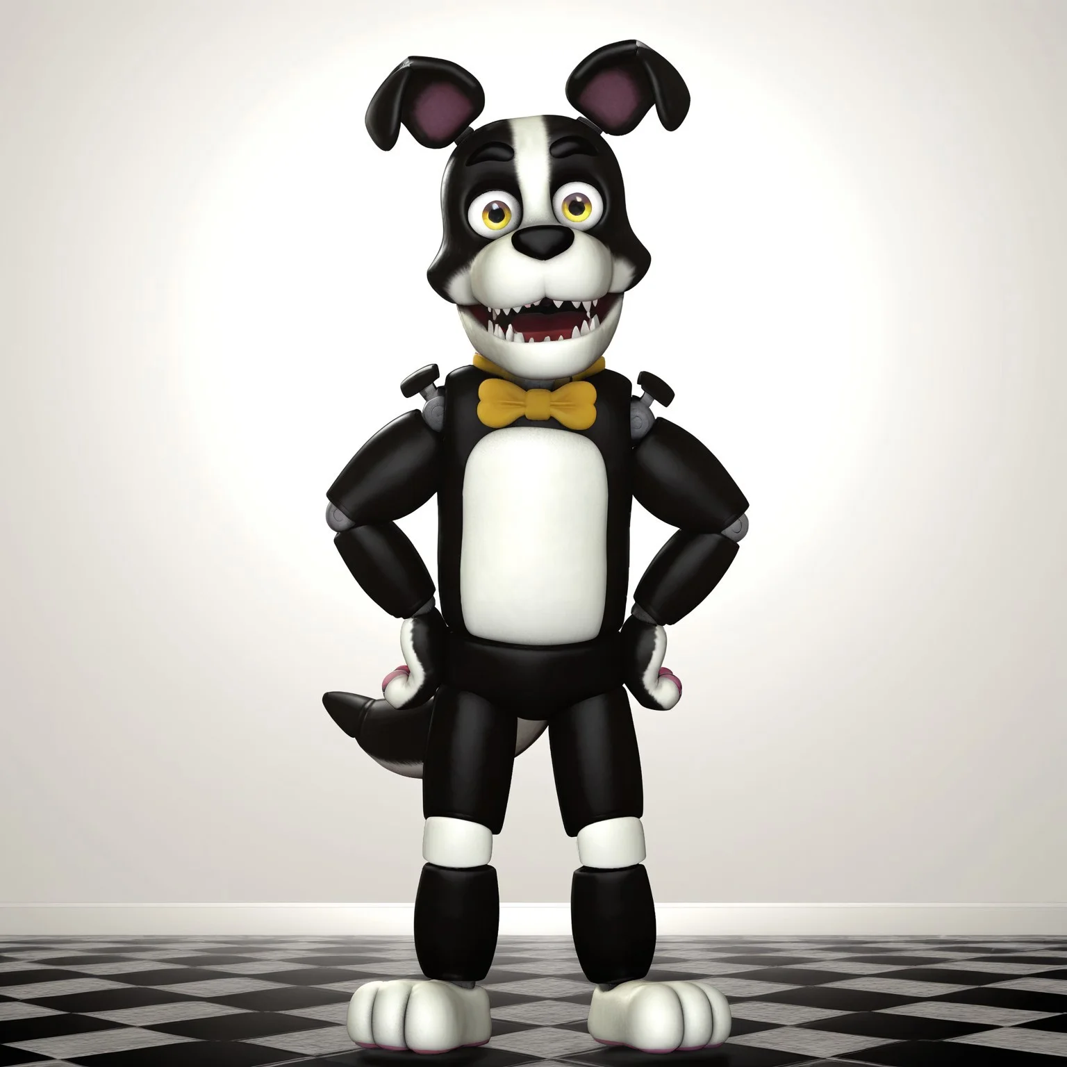 2d, solo, Dougthedog, animatronic, humanoid robot, black and white body, two-tone body, white feet, pink pawpads, dog ears, animal ears, canine, joints, yellow bowtie, black nose, yellow eyes, mechanical dog tail, sharp teeth
BREAK full body, hands on hips, looking at viewer, happy, standing
BREAK best quality, amazing quality, very aesthetic, absurdres, newest