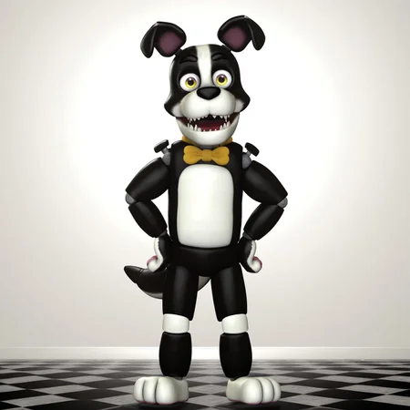 2d, solo, Dougthedog, animatronic, humanoid robot, black and white body, two-tone body, white feet, pink pawpads, dog ears, animal ears, canine, joints, yellow bowtie, black nose, yellow eyes, mechanical dog tail, sharp teeth
BREAK full body, hands on hips, looking at viewer, happy, standing
BREAK best quality, amazing quality, very aesthetic, absurdres, newest