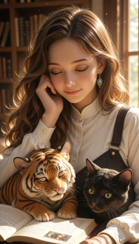 A digital painting of a young woman with long, wavy brown hair, wearing a white blouse, resting her head on her hand and looking down at a book open in front of her. She has a gentle expression and is wearing a pair of earrings. A small, orange and black cat with green eyes is lying next to her, looking up at the book open. The background is a softly lit room with a bookshelf filled with books. The lighting is warm and soft, creating a cozy atmosphere. The style is realistic with a touch of fantasy..    

,
masterpiece, best quality, amazing quality, very aesthetic, perfect, eyes, grown, 24yo, photorealistic, (USNR),





,1girl, solo, long_hair, smile, shirt, brown_hair, long_sleeves, closed_mouth, jewelry, sitting, white_shirt, upper_body,  earrings, indoors, blurry, eyelashes, lips, book, blurry_background, animal, wavy_hair, cat, sleeping, light_particles, hand_on_own_face, open_book, bookshelf, pinafore_dress, reading, black_cat, tiger, year_of_the_tiger
