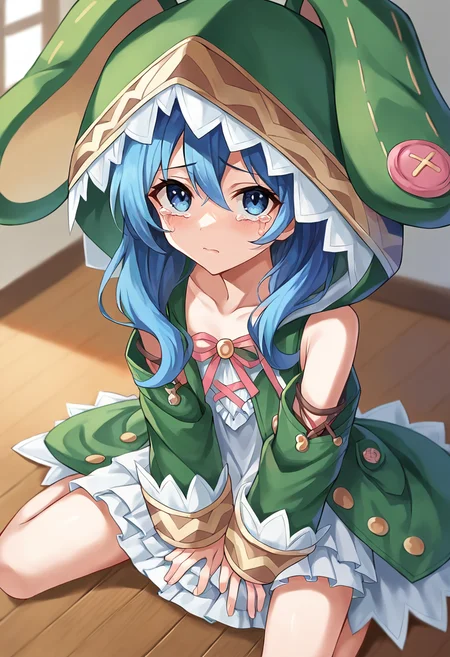 score_9, score_8_up, score_7_up, source_anime, masterpiece, 1girl, ct_y0shin0, blue hair, green coat, rabbit hood, detached sleeves, cross-laced dress, collarbone, looking at viewer, indoors, depth of field, day, crying, sitting,  wooden floor, from above, looking up,<lora:Yoshino_Himekawa_Pony_ct_ver3:0.9>