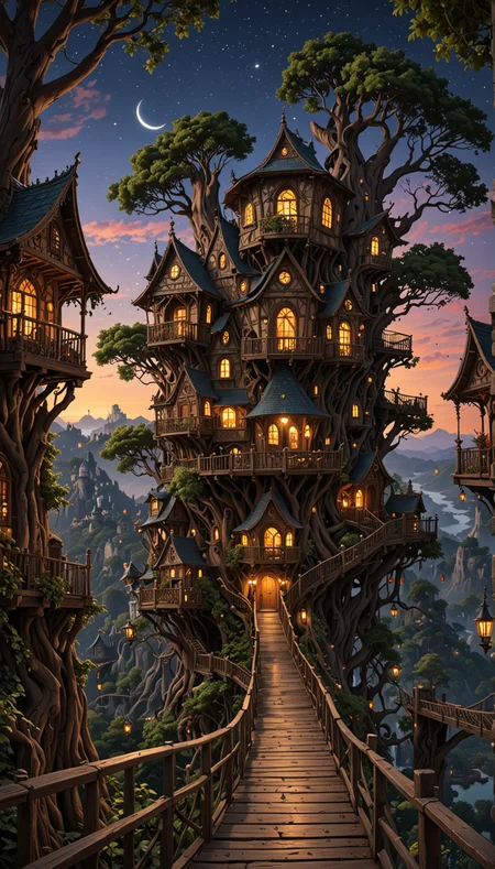 a wonderous and beautiful fantasy world with the Tree House Mansion Village, Multiple Bridges, Stars, in the night, insanely detailed and intricate, hyper maximalist, elegant, hyper realistic, super detailed, vivid colours, sunrise, ornate, dynamic, articulate, 8K, <lora:3D_Framed_Wall_Art_-_By_DICE:0.6>, (Framed 3D, 3d Tree), EPIC, Painstaking Attention To Detail, UHD