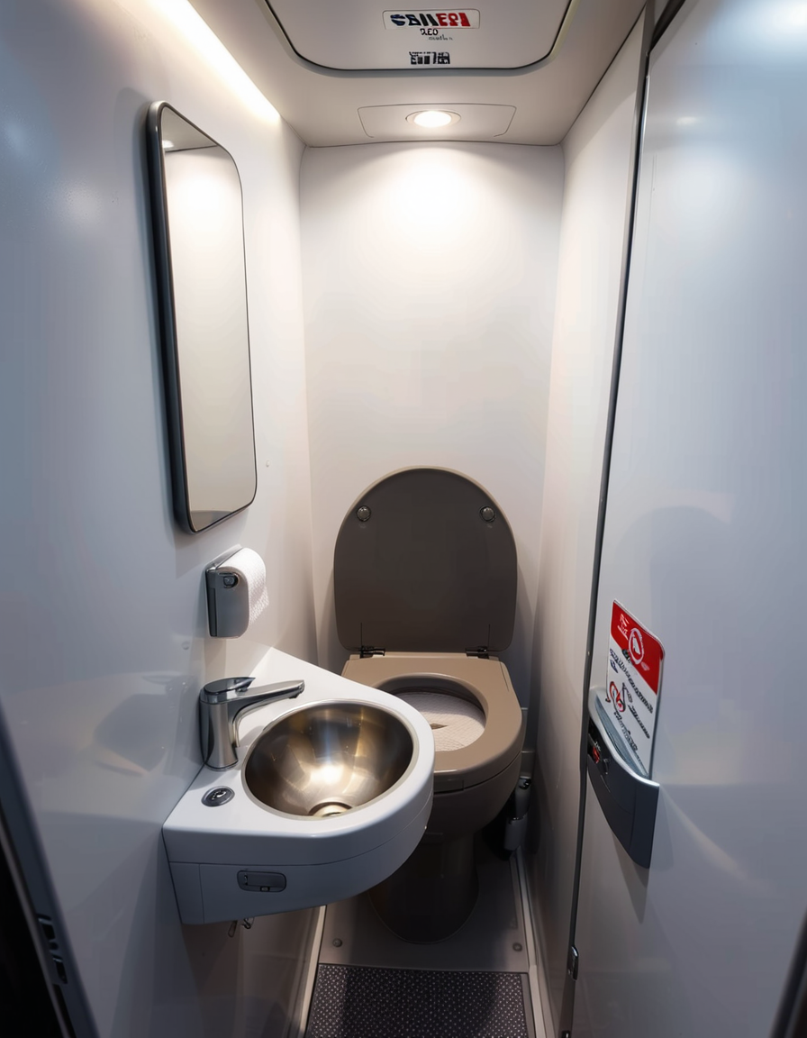 A highly detailed and realistic photograph of an airplane lavatory. The small, compact space features light gray plastic walls with subtle texture, a stainless-steel sink with a motion-sensor faucet, and a mirror reflecting the narrow interior. The toilet is sleek, with a closed lid and a small instruction sticker on top. A soft, dim overhead light illuminates the space, creating a sterile yet functional atmosphere. On the side, a dispenser for paper towels and a built-in trash compartment are visible. The door has a small lock mechanism and an 'Occupied' sign. The floor is dark, non-slip material, and there are small signs with safety instructions in multiple languages. The perspective is slightly wide-angle, capturing the entire space from a slightly tilted angle, emphasizing the compact design. 
<lora:SDXLFaeTastic2400:0.4> <lora:extremely_detailed:0.4> extremely detailed,<lora:airplane_l4v4t0ry:1>,airplane l4v4t0ry, Masterpiece,best quality,hi res,8k,hi res,8k,award winning,(sharp focus, intricate, highly detailed),