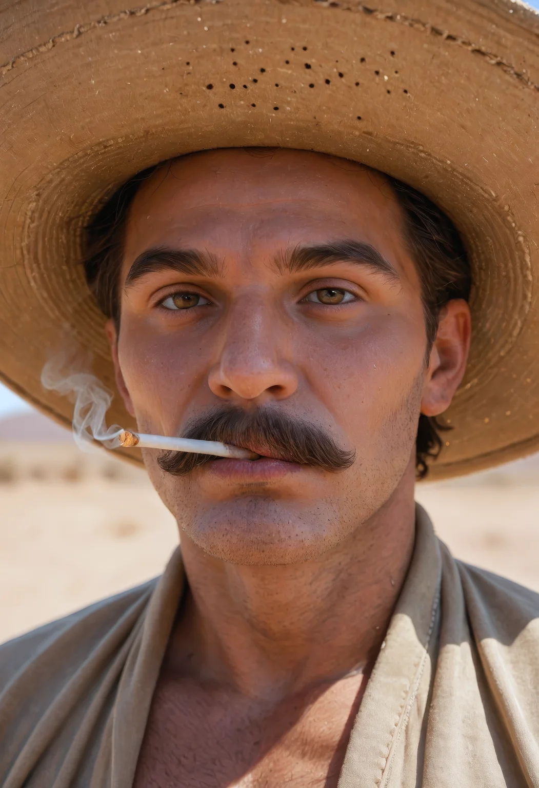score_9, score_8_up, score_7_up, masterpiece, best quality, ultra-detailed, realistic, RAW photo style, close-up portrait, weathered cowboy, rugged man, smoking, large sombrero, shadow on face, tan skin, sweaty skin and mustache, textured brown poncho, warm sunset lighting, desert background, dusty western landscape, bold cinematic mood, 1980s film style, subtle film grain, natural light, intense visual tone