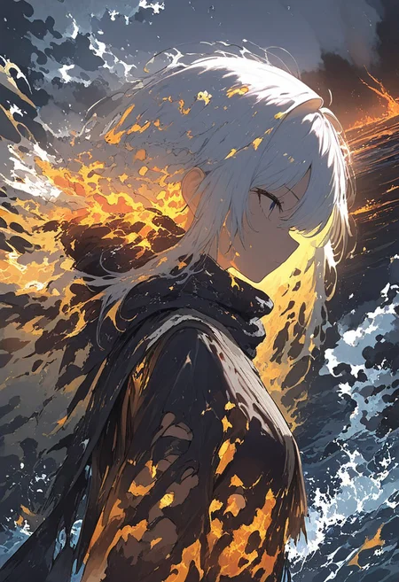 1girl, solo, vivid,
profile, looking away, closed mouth, water, scarf, dark, lava, ocean, glowing, upper body, torn clothes, glowing hair, long hair,
from side, smoke trail, masterpiece, best quality, high score, great score, absurdres