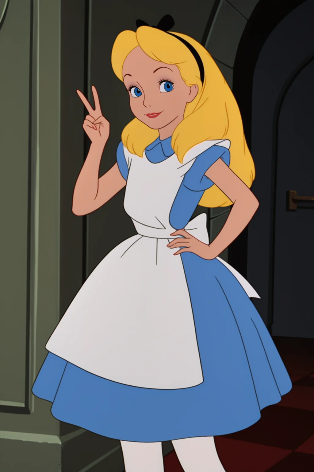 retro artstyle, 1980s (style), score_9, score_8_up, score_7_up, score_6_up, score_5_up, score_4_up, <lora:Alice_V2:.8>, 1girl, AliceWonder, blonde hair, blue eyes, black hairband, blue dress, white apron, back bow, white pantyhose, black footwear, standing, hand on hip, peace sign, smiling, closed mouth, looking at viewer