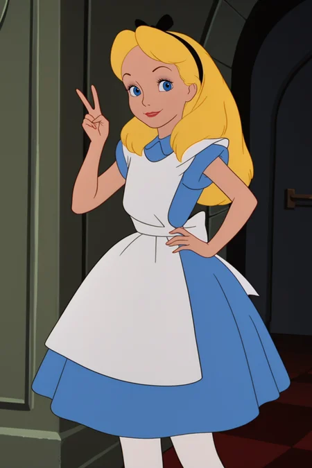 retro artstyle, 1980s (style), score_9, score_8_up, score_7_up, score_6_up, score_5_up, score_4_up, <lora:Alice_V2:.8>, 1girl, AliceWonder, blonde hair, blue eyes, black hairband, blue dress, white apron, back bow, white pantyhose, black footwear, standing, hand on hip, peace sign, smiling, closed mouth, looking at viewer