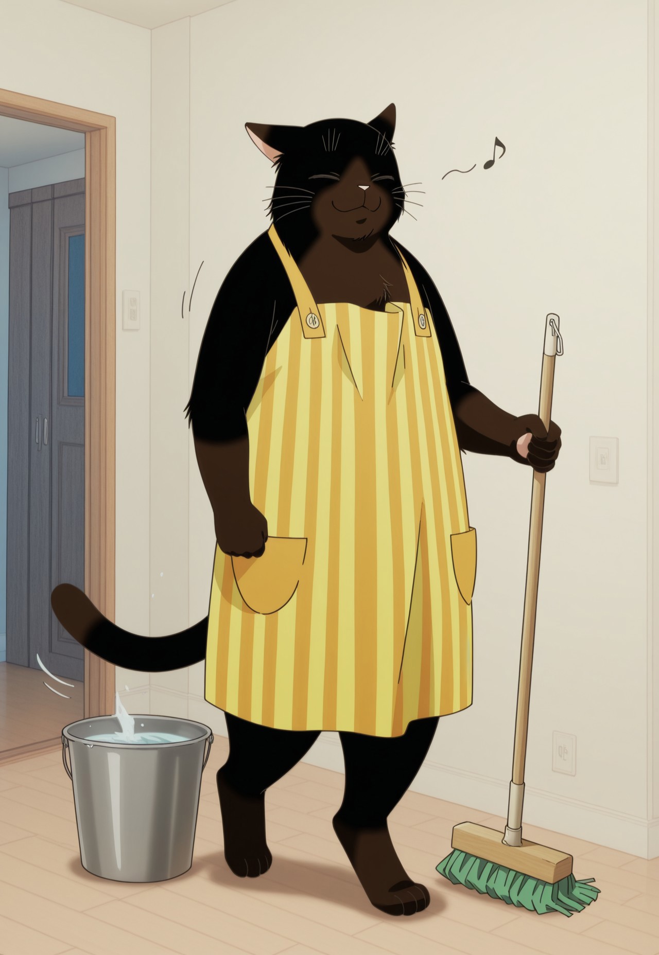 Yukichi, 1boy, 2d, solo, male, furry male, domestic cat, feline, black cat, pink inner-ears, black fur, brown fur, pink nose, two tone fur, whiskers, tail, striped apron, yellow and orange apron, sleeveless 


BREAK holding single mop, mop bucket, (eyes closed, smile, mopping, musical note), humming, walking, inside, indoors, full body

BREAK best quality, amazing quality, very aesthetic, absurdres, newest, high quality, masterpiece