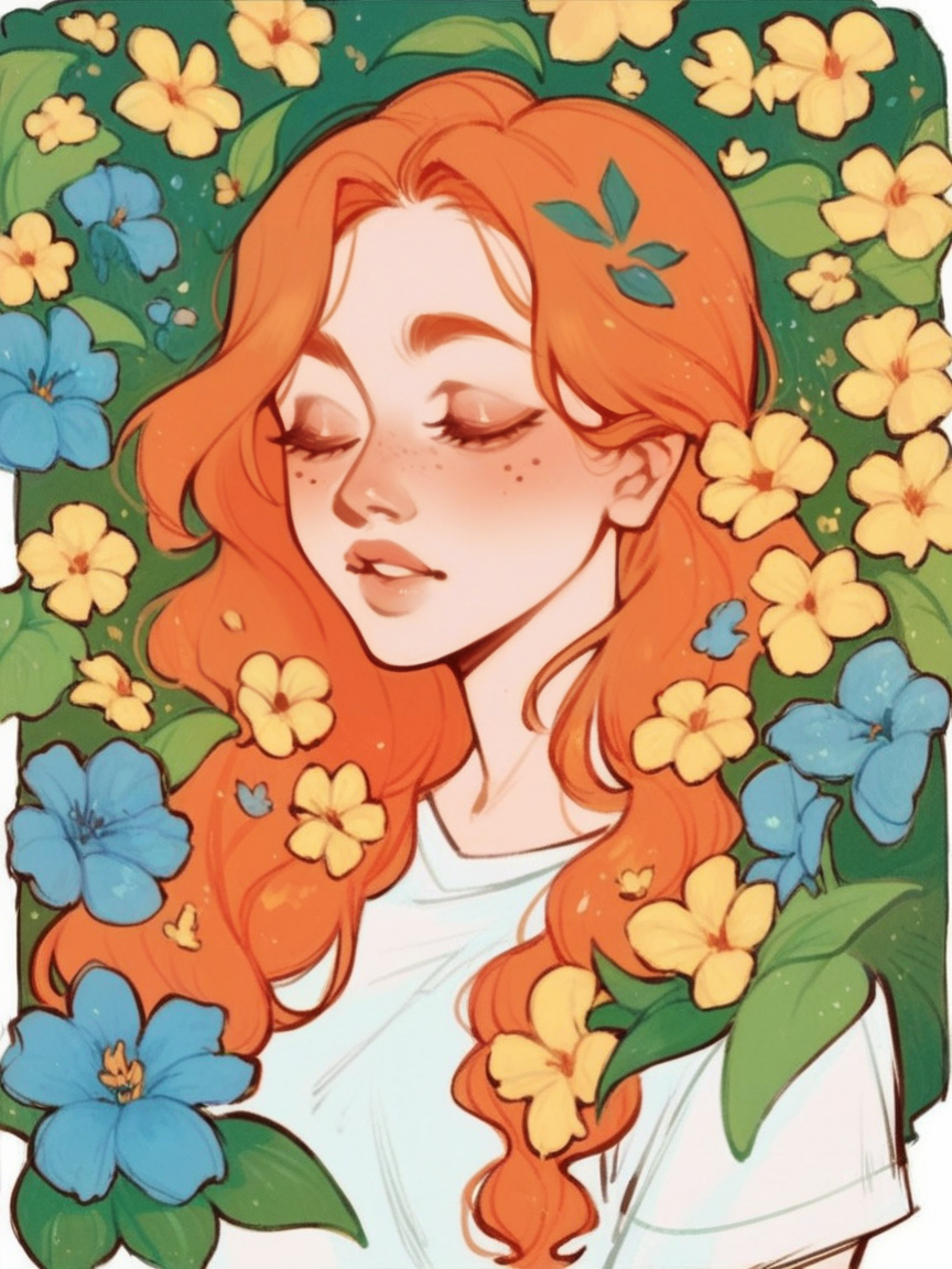 score_9, score_8_up, score_7_up, score_6_up,  <lora:p4n3lsXLP:0.9> p4n3ls, 1girl, flowers, long hair, ginger hair, panel