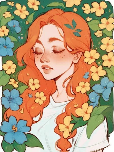 score_9, score_8_up, score_7_up, score_6_up,  <lora:p4n3lsXLP:0.9> p4n3ls, 1girl, flowers, long hair, ginger hair, panel