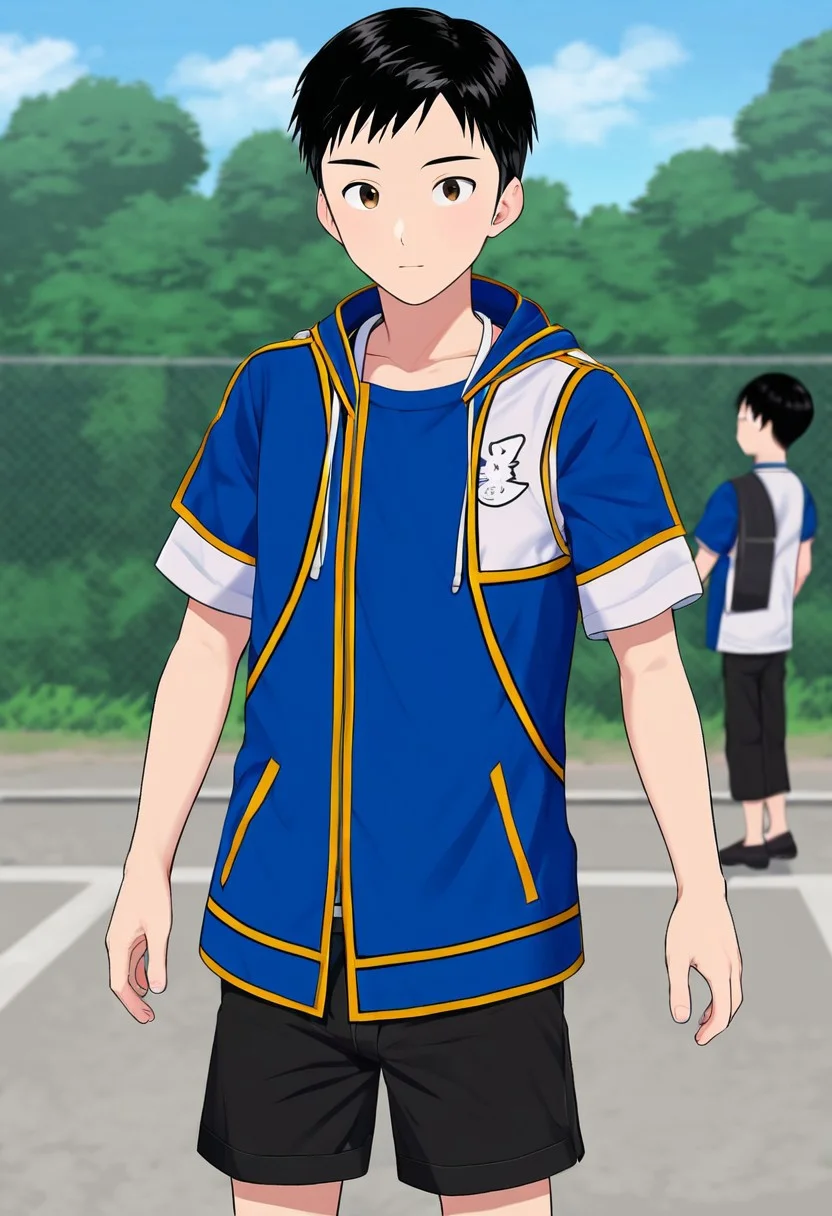 harmard, black hair, short hair, brown eyes, 1boy, solo, solo focus, wear open clothes, short sleeve, blue clothes, half clothes, wear black shorts, outdoor setting