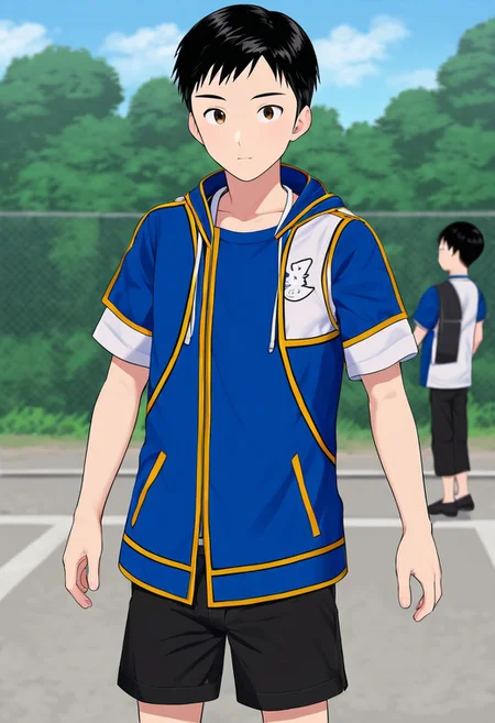 harmard, black hair, short hair, brown eyes, 1boy, solo, solo focus, wear open clothes, short sleeve, blue clothes, half clothes, wear black shorts, outdoor setting
