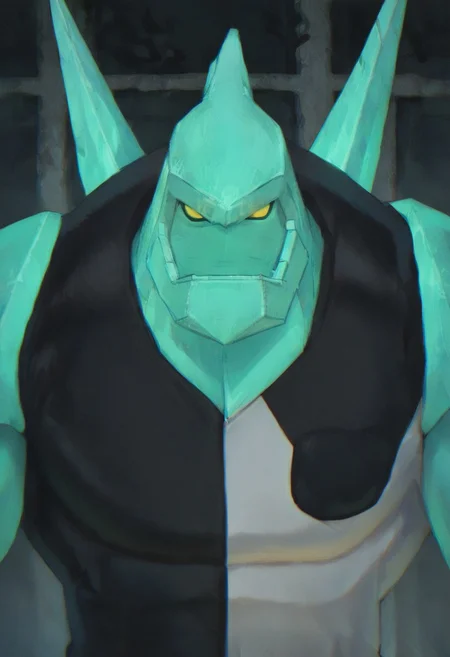 score_9, score_8_up, score_7_up, male, Diamondhead, alien, yellow eyes, no pupils, no nose, turquoise skin, diamond body, big hands, black and white spandex, sharp body, 2 spikes on the back, Sleeveless, source_anime, 1boy, solo, normal musculature, hands, happy face, smile, (((front view, looking at viewer))),
BREAK
city, ruins, back alley, outside, night,