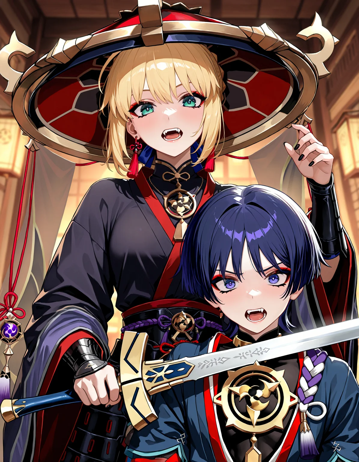 masterpiece, best quality, newest, highres, absurdres, 
1girl, 1boy, saber \(fate\), scaramouche \(genshin impact\),
amazing quality, very awa, 1 lucario, sword, armor, makeup, shirt, bob cut, red eyeshadow, weapon, open mouth, purple hair, black nails, fangs, tassel earrings, eyebrows hidden by hair, necklace, japanese clothes, holding, looking at viewer, hat, jewelry, holding sword, holding weapon, short hair, eyeshadow, tassel, black shirt, purple eye, alternate costume, upper body, kote, blonde hair, teeth, earrings, detailed background