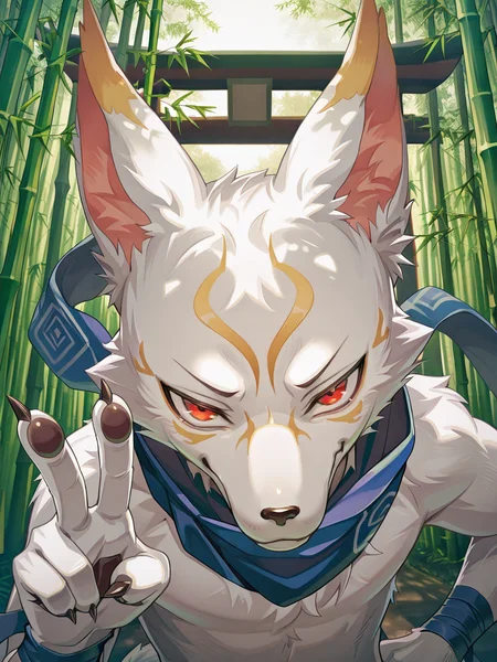 masterpiece, best quality, amazing quality,upper body,face focus,close up,anthro,furry male,
k@nk0,fox boy,1boy,solo,male focus,red eyes,gold facial mark,facial mark,blue scarf,wrist bandages,claws,v sign,smug,smug,looking at viewer,bamboo forest,torii,
<lora:Kanko_IL:1>