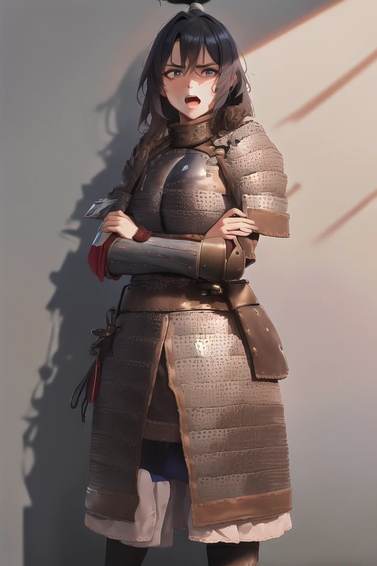 (masterpiece, best quality, absurdres, highly detailed:1.1), (best illumination, best shadow, dramatic lighting:1.05), (1girl:1.1), (wh_chi_zhajia:1.3), (wh_chi_armor:1.3), beautiful face, open mouth, frown, medium breasts, black thighhighs, crossed legs, crossed arms, <hypernet:anime:1>