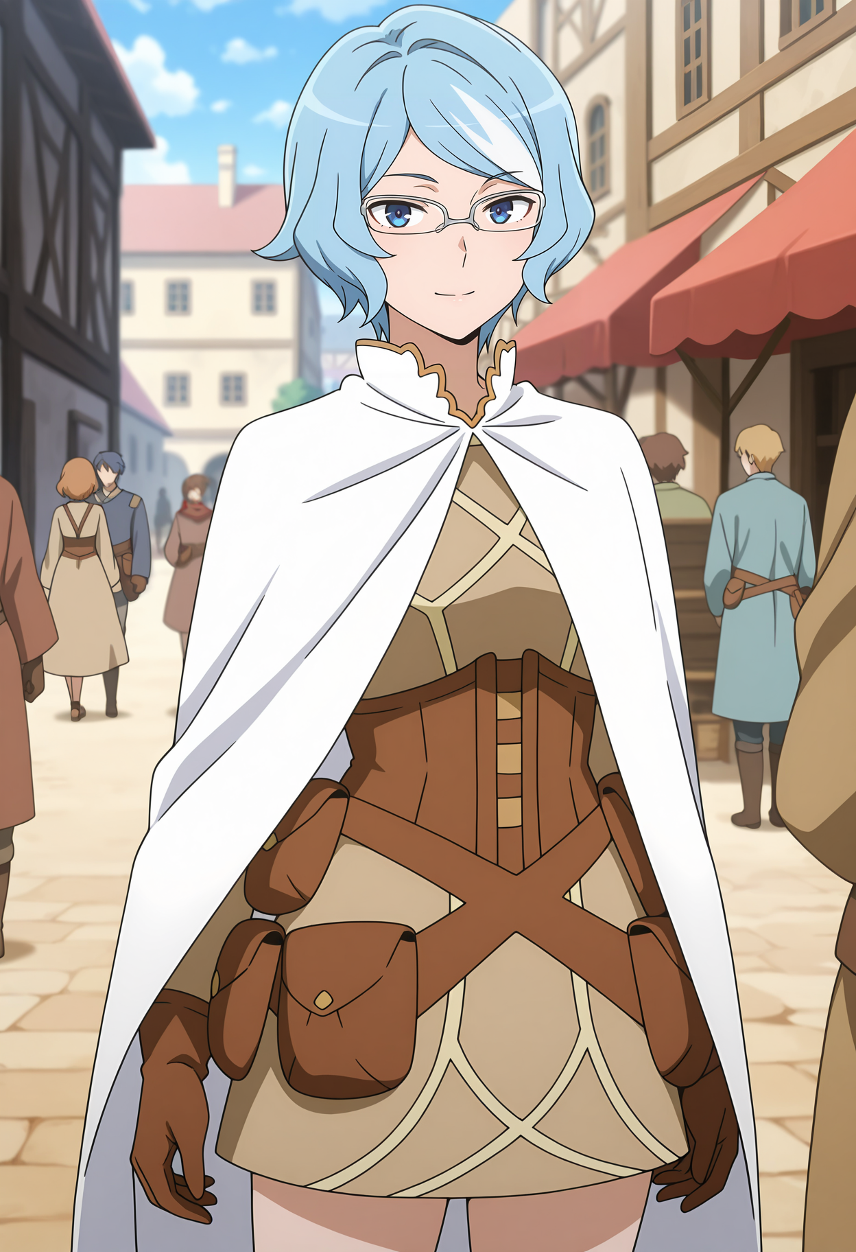 anime screencap, masterpiece, best quality,
<lora:DanMachi_Asfi_IlluXL:0.9>,
1girl, solo, closed mouth, light smile,
swept bangs, streaked hair, short hair, blue hair, white hair, blue eyes, glasses,
white cloak, short dress, brown dress, brown corset, brown belt, belt pouch, brown gloves,
standing, looking at viewer, cowboy shot,
town, medieval, people, blurry background