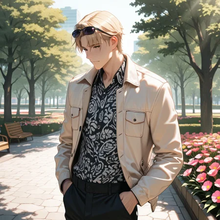 masterpiece, best quality, amazing quality, absurdres, newest, detailed background, definition so sharp, Ultra-HD, 8K cinematic, very awa, impressionate, amazing quality, highres, 
solo, male focus, manly, 
1boy, short hair, izumo_blonde, izumo_brown eyes, izumokusanagi, sunglasses \(on head\), stylish outfit, light jacket, patterned shirt, urban park, daytime, sunlight, dappled light, blooming flowers, pleasant atmosphere, approachable, laid back, standing, hands in pockets, confident posture,