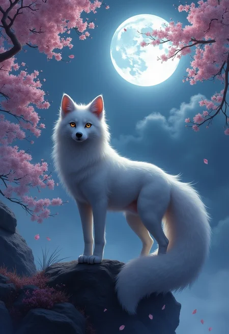 ((solo)) (feral, ninetales), female, looking at viewer, cherry blossom, night, fog, flower, multi tail, full moon,, best quality, shaded, extreme detail, highly detailed, ultradetailed, intricate, realistic, detailed background, hi res, realistic, photography \(artwork\), (by kenket), by ross tran, by michael & inessa garmash, by pino daeni, by isvoc, by kiguri, by alena aenami, by ruan jia, (by zenthetiger, by wolfy-nail), by Enki Bilal, by drmax, photorealism,