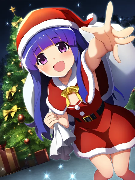 higurashimei, 1girl, furude rika, safe, (child:1.2), solo, blue hair, purple eyes, long hair, blunt bangs, bangs, ((flat_chest)), blush, smile, open mouth, dress, hat, holding, bow, ribbon, standing, :d, outdoors, sky, sleeveless, belt, fur trim, sparkle, dutch angle, bell, capelet, night, ^_^, short dress, happy, red dress, outstretched arm, box, night sky, foreshortening, red headwear, christmas, black belt, snow, gift, santa hat, santa costume, yellow ribbon, reaching, outstretched hand, gift box, reaching towards viewer, sack, holding gift, red capelet, christmas tree, fur-trimmed capelet, fur-trimmed dress, fur-trimmed headwear, christmas ornaments, santa dress, holding sack, holly, christmas present, 
(masterpiece, best quality, absurdres, highres, newest:1.2), very awa, 