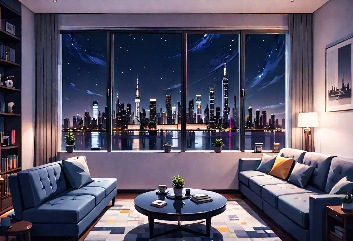 ((front view)), Shallow scene, (((animation style))), (night), modern-style interior, with white walls, (large windows), a  study, Sofa, coffee table, bookcase, single wall, ((dark room)), quiet and mysterious night sky,  city night view, (City high-rise building scenery), (City scenery outside the window), starry sky, moonlight,