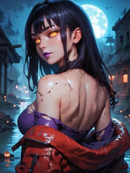 Score_9, score_8_up, score_7_up, score_6_up, score_5_up, solo, from behind, looking_back, looking at viewer, long hair, dark hair, upperbody, breasts, Glowing, collarbone, cracked skin, Glowing eyes, yellow eyes, single bare shoulder, torn clothes, purple lips, orange eyes, slit pupil, colored sclera, torn jacket, purple dress, red jacket, bettereyes, detailed_eyes,
Outdoors, swamp, cityscape, archaic, night sky, night, ruins, tree, city, gothic architecture, fog, mist,
<lora:Concept_Eye_Detail_-_Pony-000004:0.8> zPDXL2 <lora:g0th1cPXL:0.5>