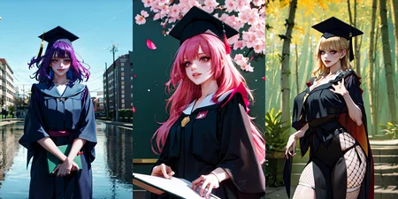 highly insanely detailed, masterpiece, top quality, best quality, highres, 4k, 8k, RAW photo, (very aesthetic, beautiful and aesthetic),
__lazy-wildcards/subject/costume/graduation_robe/prompts__,
<lora:gradgown:1>,
(1girl:1.3), solo focus,
(__lazy-wildcards/char/haircolor__),
__lazy-wildcards/dataset/background__,
__lazy-wildcards/subject/moment/random/prompts__âââ