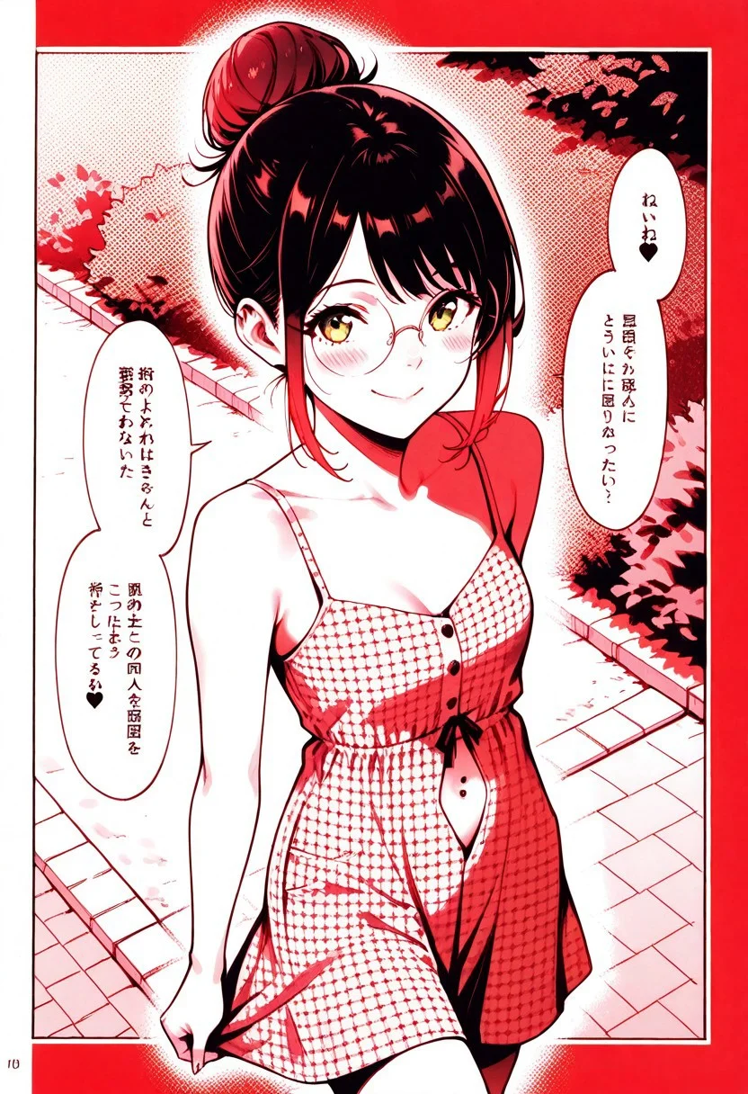 masterpiece, best quality, 32k, high resolution, absurdres, HD32k, masterpiece, extremely detailed,Patty, PattyRH, black hair, hair bun, gradient hair(red-black), green eyes, big round eyeglasses, small breasts, slim, pierced navel, pale skin,dynamic pose, solo, looking at viewer, intimate, candid, elegant, close up,sundress, cute pattern sundress, walking, outdoors, little smile, closeup, shorts,posing cute, shy, blush, high angle view, dowblouse, explicit insets, comic book panels, manga, speech bubbles, Japanese text, multiple angles, (red theme), monochrome, halftone, high contrast,