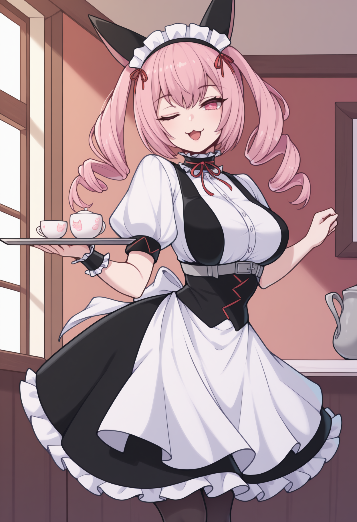 masterpiece, best quality, newest, solo, 1girl, nynyn, :3, open mouth, looking at viewer, hands up, balancing, holding tray, long hair, pink hair, twin drills, maid headdress, animal ears, pink eyes, one eye closed, frills, black dress, white shirt, frilled choker, neck ribbon, red ribbon, underbust, puffy short sleeves, frilled wrist cuffs, single wrist cuff, black corset, white apron, waist apron, black pantyhose, indoors, maid cafe
<segment:yolo-Anzhc Face seg 640 v2 y8n.pt,0.4,0.5//cid=1>