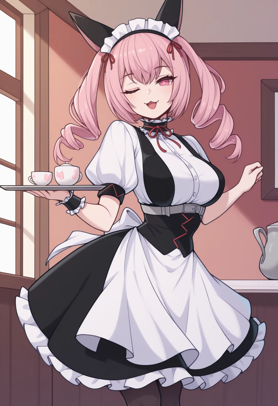 masterpiece, best quality, newest, solo, 1girl, nynyn, :3, open mouth, looking at viewer, hands up, balancing, holding tray, long hair, pink hair, twin drills, maid headdress, animal ears, pink eyes, one eye closed, frills, black dress, white shirt, frilled choker, neck ribbon, red ribbon, underbust, puffy short sleeves, frilled wrist cuffs, single wrist cuff, black corset, white apron, waist apron, black pantyhose, indoors, maid cafe
<segment:yolo-Anzhc Face seg 640 v2 y8n.pt,0.4,0.5//cid=1>