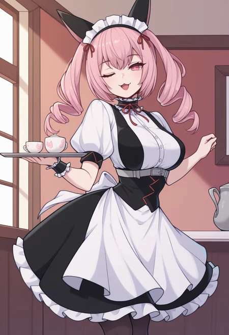 masterpiece, best quality, newest, solo, 1girl, nynyn, :3, open mouth, looking at viewer, hands up, balancing, holding tray, long hair, pink hair, twin drills, maid headdress, animal ears, pink eyes, one eye closed, frills, black dress, white shirt, frilled choker, neck ribbon, red ribbon, underbust, puffy short sleeves, frilled wrist cuffs, single wrist cuff, black corset, white apron, waist apron, black pantyhose, indoors, maid cafe
<segment:yolo-Anzhc Face seg 640 v2 y8n.pt,0.4,0.5//cid=1>