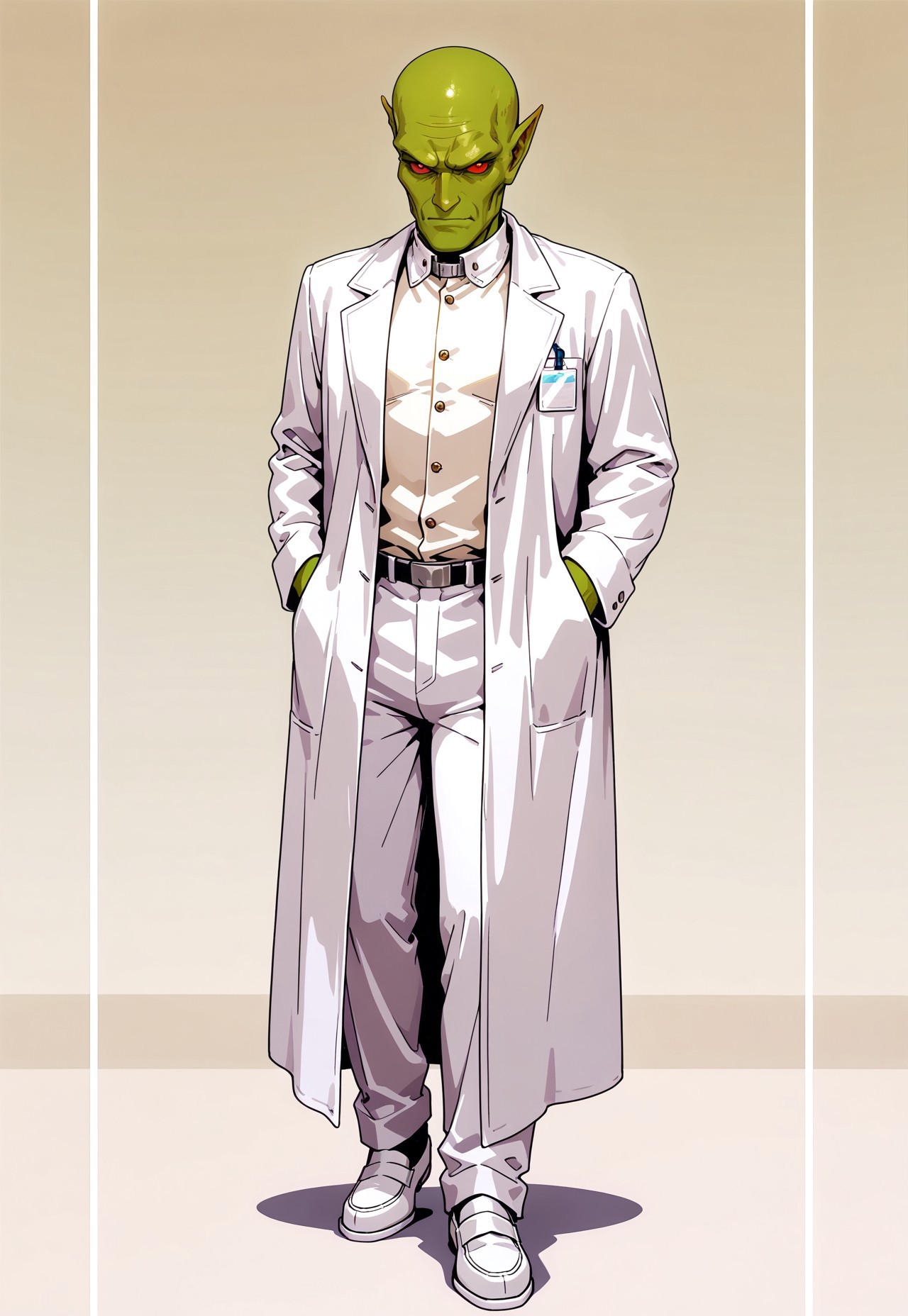 masterpiece, best quality, amazing quality, very aesthetic, absurdres, newest, drvenoilxl, 1boy, red eyes, male focus, pointy ears, green skin, ((white buttoned coat)), ((long lab coat)) bald,  (((old man))),  wrinkles, alien, full body, looking at viewer, standing pose, ((plain background)), solo, scowl, white loafers, ((white collar)), ((buttoned collar)), white pants
