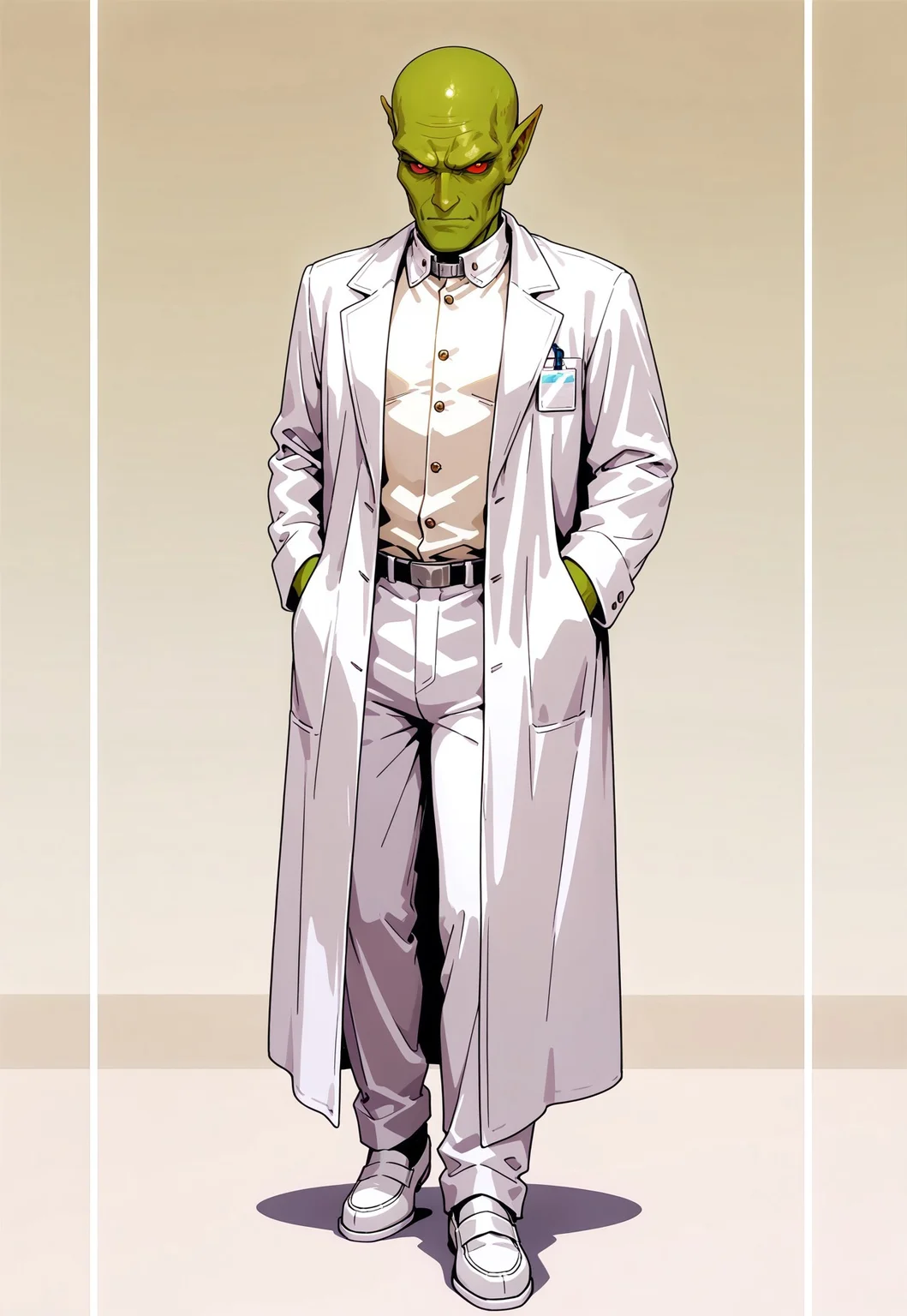 masterpiece, best quality, amazing quality, very aesthetic, absurdres, newest, drvenoilxl, 1boy, red eyes, male focus, pointy ears, green skin, ((white buttoned coat)), ((long lab coat)) bald, (((old man))), wrinkles, alien, full body, looking at viewer, standing pose, ((plain background)), solo, scowl, white loafers, ((white collar)), ((buttoned collar)), white pants
