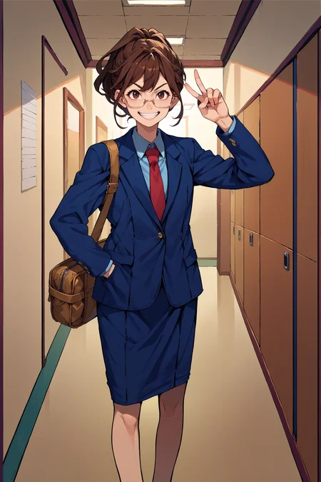 score_9, score_8_up, score_7_up, score_6_up, source_anime, 1girl, solo,  <lora:rnakiho-pdxl-nvwls-v1-000005:1> rnAkiho, brown hair, brown eyes, ponytail, blue blazer, red necktie, blue skirt, looking at you, glasses, grin, peace sign, hallway