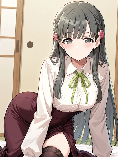 masterpiece,best quality,very aesthetic,absurdres,highres,newest,
1girl,solo,
kbykwse aikurushii,kobayakawa sae,bangs,dress,brown skirt,long skirt,high-waist skirt,white shirt,
eyebrows visible through hair,
flower,grey eyes,black hair,hair flower,hair ornament,long hair,
blush,highres,black thighhighs,braid,long skirt
<lora:idolmaster_kobayakawa_sae_ill_v1.0:1>,