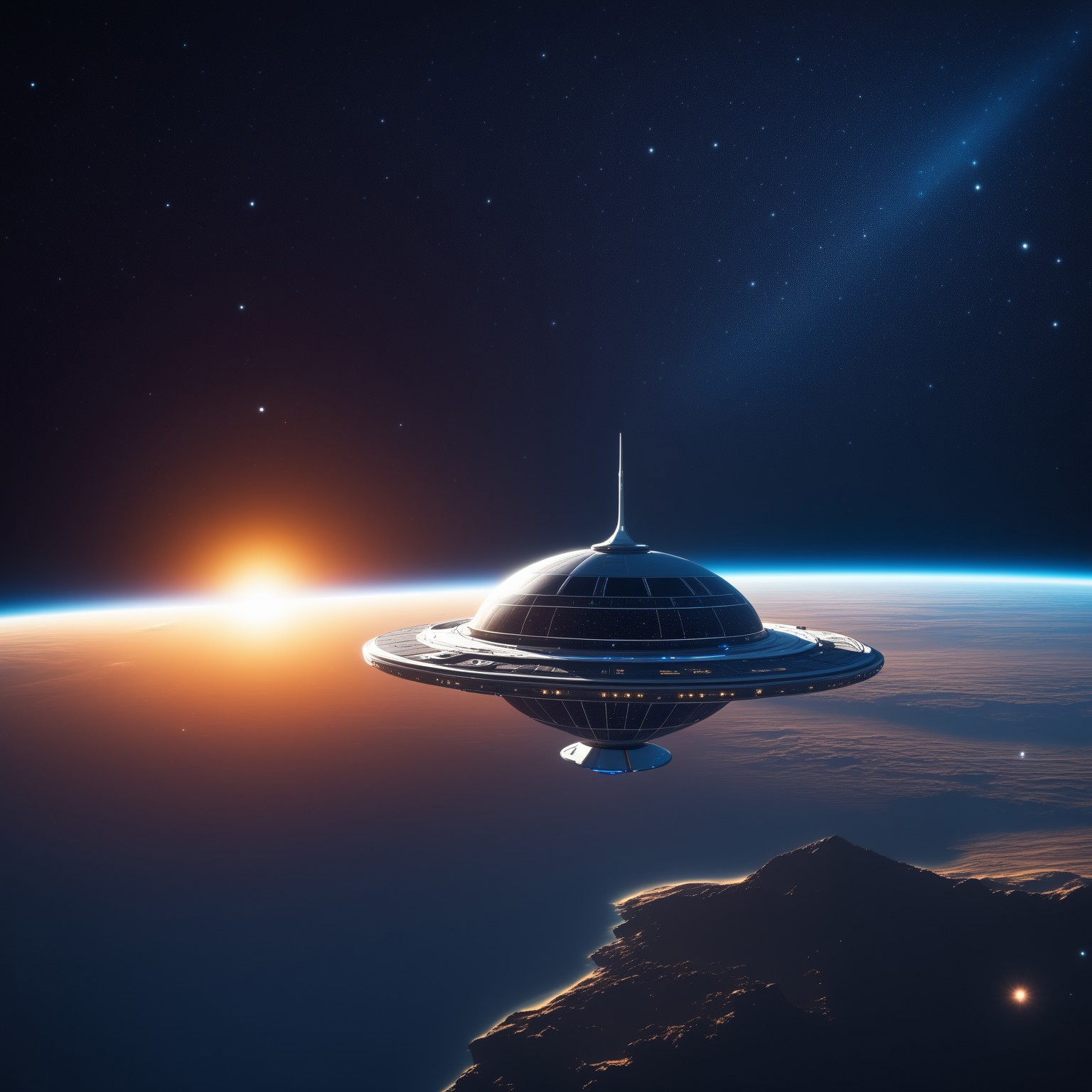symphtia-style, masterpiece, best quality, absurdres, vibrant, highly detailed, very aesthetic, lensflare, Earth, (sunrise, horizon:1.2), (spaceship, orbital station:1.4), Solar system, Starry Theme, deep space background