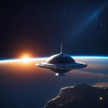 symphtia-style, masterpiece, best quality, absurdres, vibrant, highly detailed, very aesthetic, lensflare, Earth, (sunrise, horizon:1.2), (spaceship, orbital station:1.4), Solar system, Starry Theme, deep space background
