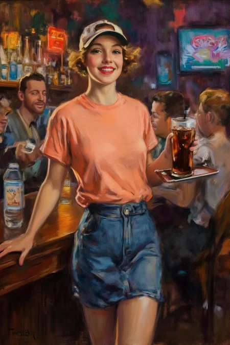 howardchandlerchristy1 illustration.
The air buzzes with the energy of a busy bar, a mix of music, conversation, and the clinking of glasses. A barmaid, the embodiment of youthful vibrancy, navigates the lively scene. She wears a peach-coloured T-shirt, the soft fabric contrasting with the smooth, cold glass of coke she carries on a small tablet. Her short skirt adds a playful touch, and a backwards baseball cap hints at a carefree attitude. The setting and atmosphere are palpable: the warm, slightly sticky surface of the bar counter under her fingertips, the dim, colourful lighting that casts playful shadows. Sensory details are abundant: the condensation forming on the glass of coke, the texture of her denim skirt, and the way the bar lights catch the highlights in her hair. Her confident stride, her quick smile, and her efficient movements. Stylistically, the image draws inspiration from the vibrant, candid shots of nightlife photographers, with a touch of the stylized realism found in contemporary illustration. There's a deliberate contrast between the barmaid's youthful energy and the slightly worn, lived-in atmosphere of the bar, creating a dynamic and engaging image. <lora:howardchandlerchristy1_d8a4e11:1.0><lora:865845671767330664:0>