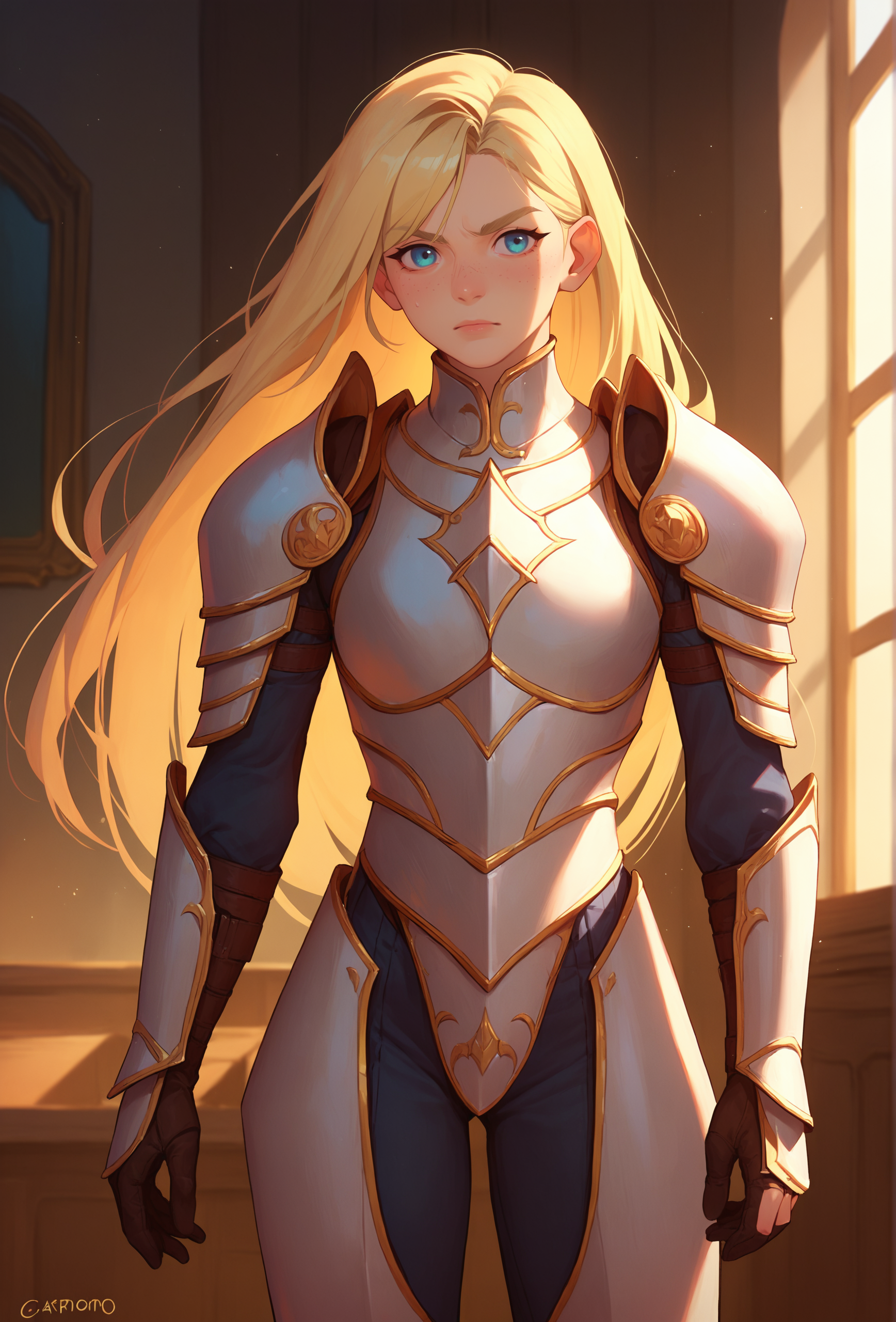 score_9, score_8_up, score_7_up, score_6_up, score_5_up, score_4_up, <lora:cabronpr_style_ponyXL_v1.3:1> cabronpr, indoors,
1girl, solo, blonde hair, full armor, long hair, blue eyes