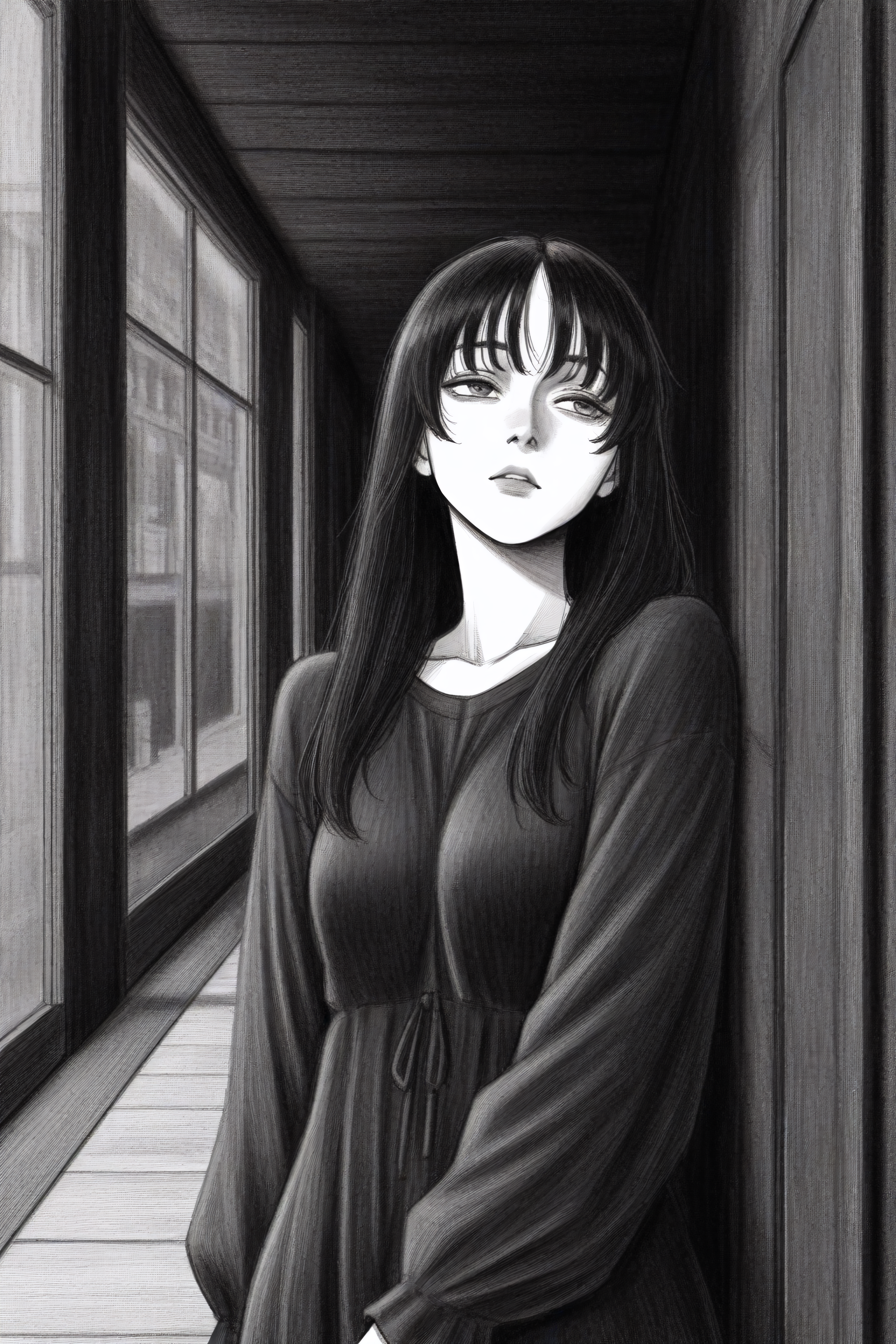(masterpiece,best quality),<lora:tp1p1ptStyle-Illustrious-lora-Faxtron:0.7> tp_p_pt, monochrome, greyscale, 1girl,