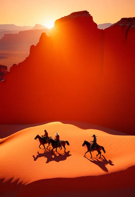 ispzxll, diorama, isometric, miniature, volumetric lighting style, intricate details, old west, americain frontier, wild west, cowboy era, desert, rocky mountains, red rocks, riding horseback, race, horse, fast, mountain view, dynamic frame, long shadows, golden hour, epic