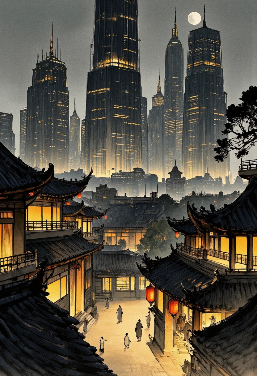 An image in style of ink wash painting, depicts a futuristic cityscape at night. Tall skyscrapers, their lights glowing warmly, dominate the background. Traditional East Chinese buildings with tiled roofs and lanterns flank a narrow, illuminated street in the foreground. A few pedestrians are visible, adding scale. The overall color palette is muted, with cool grays and warm yellows. The perspective is slightly low, enhancing the city's towering presence. The lighting appears to be a mix of natural moonlight and artificial streetlights.<lora:Shuimozhuangshi_Ink_wash_painting_style_v2.7:1>
