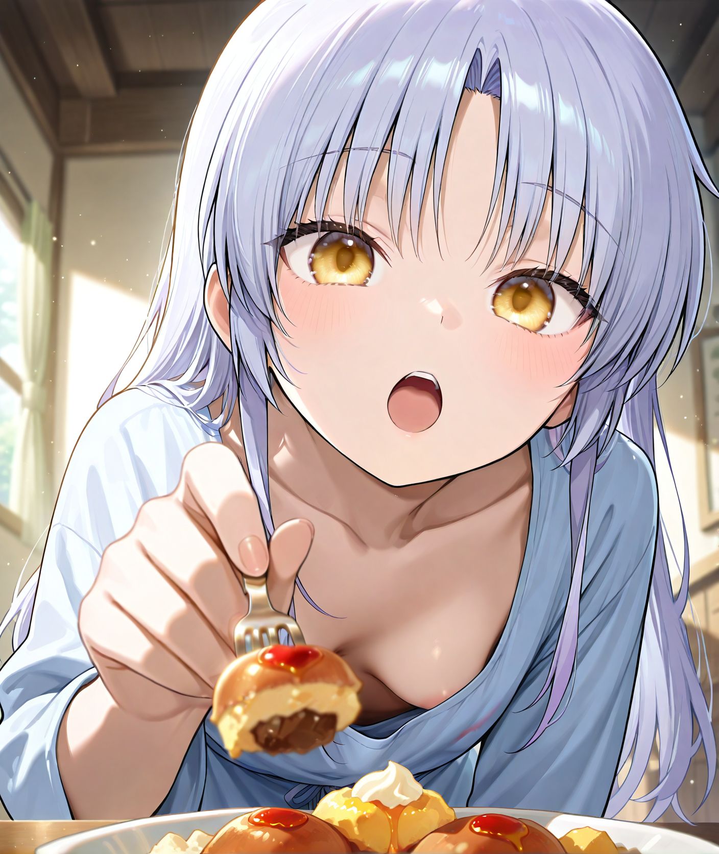 masterpiece best quality newest absurdres highres detailed eyes beautiful detailed background perfect eyes anime coloring anime screencap<lora:add-detail-xl:0.5>,,masterpiece, best quality, newest, absurdres, highres, detailed eyes, beautiful, detailed background, perfect eyes, anime coloring, anime screencap,
<lora:Downblouse:0.7>Downblouse_V1,
1girl,incoming food,food,breasts,
solo,open mouth,downblouse,bent over,
feeding pose,holding food with fork,
open mouth,offering food,areola slip, 
sagging breasts, 
BREAK
tachibana kanade, angel beats!, 
official art,  20 YO, milf,
