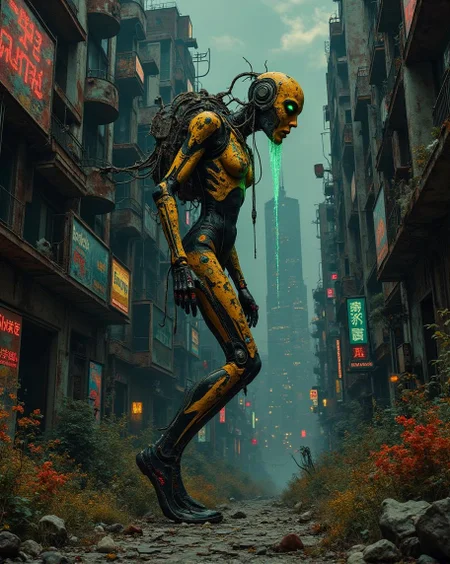 <lora:flux-collagestyle.safetensors:1> darkfantasycollagestyle
In the heart of a decaying city, where rusted skyscrapers cast long shadows and neon lights flicker against a backdrop of perpetual twilight, stands an unsettling figure. This hybrid being, a fusion of organic and mechanical parts, towers over the cracked cobblestone path. Its metallic frame is encrusted with glowing circuitry, pulsing with a sickly neon green light. The once-liquid yellow and rainbow colors of its surface have been distorted, now a mottled mix of grays and rusted oranges, giving it a decaying, almost diseased appearance.
The figure’s head is a twisted mass of circuitry and deformed flesh, with glowing, hollow eyes that seem to peer through the gloom. Streams of luminescent liquid, a sickly green hue, drip from its cracked surface, creating a haunting, eerie effect. The robot’s movements are jerky and unpredictable, as if it is struggling against some internal malfunction.
Around it, the cityscape is a bleak tableau of decay. Broken machinery and twisted metal litter the ground, and the air is thick with the smell of rot. Strange, hybrid creatures scurry in the shadows, their bodies a bizarre blend of organic and mechanical parts. The only color in this dystopian world comes from the invasive neon lights, casting a surreal, almost dreamlike glow over the scene.
The cobblestone path, once a sign of a bustling, vibrant city, is now overgrown with twisted, bioluminescent plants that emit a soft, eerie light. The air is heavy with the hum of decaying technology and the distant cries of mutated animals, creating a sense of both wonder and dread. This is a world where the boundaries between human, animal, and machine have blurred, and where the remnants of a once-great civilization now lie in ruins, waiting to tell their stories.