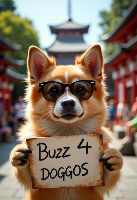A cute DOG, BIG GRIN,JAPANESE TEMPLE, holding a sign it says "Buzz 4 DOGGOS", realistic, cinematic shot, head tilted back, large eyes, pointing at the viewer,SUMMER,SUNGLASSES