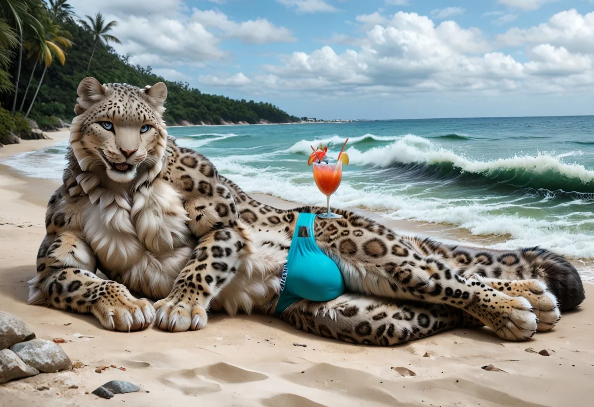 felid, ((feral snow leopard:1.2)), male, blue eyes, ((tuft of short gray hair:1.3)), (speedos), paws, fluffy paws, (((gigantic bulge:1.3)), feral in panties), laying on side, clothed feral, smile:0.9, fluffy, (chest fluff), detailed fur, (realistic fur:1.2), (long fluffy tail:1.1), (fluffy chest), (muscular:1.2), 
BREAK beach, waves, ocean, tropical, tiki hut, drinks, resort, luxury resort, public, recliner, yacht, people
BREAK high resolution, best quality, photorealistic, ral-fluff