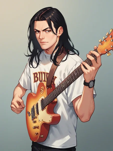 score_9, score_8_up, score_7_up, score_6_up, score_5_up, <lora:b3ckXLP:1> b3ck, 1boy, guitar, long hair, beard stubble, gibson sg