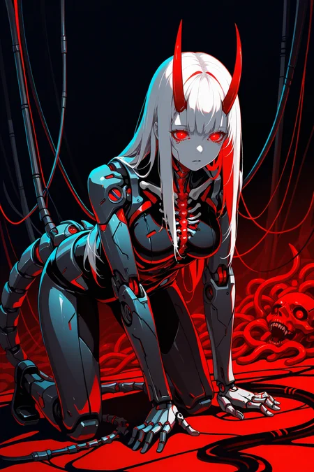 masterpiece, best quality, cyborg, ripcage, bone, intestines, red theme, dark theme, limited color palette, lineart, cyberpunk, long hair, white hair, red eyes, glowing eyes, red horns, oni horns, cable, mechanical tail, mechanical, machine, horror \(theme\), metal, abstract background