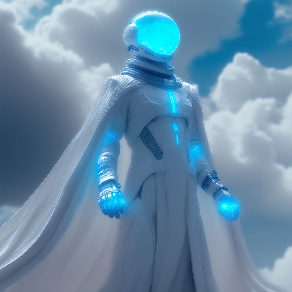 Digital artwork featuring a futuristic astronaut standing against a cloudy sky backdrop. The astronaut is wearing a sleek, white suit with glowing blue accents, including a helmet that emits a bright blue light, obscuring the face. The suit has a high-tech design with smooth, flowing lines and a long, flowing cape-like garment. The gloves and boots are also white with blue highlights. The overall aesthetic is clean and modern, with a strong emphasis on the glowing blue elements that give the image a sci-fi, ethereal feel.
