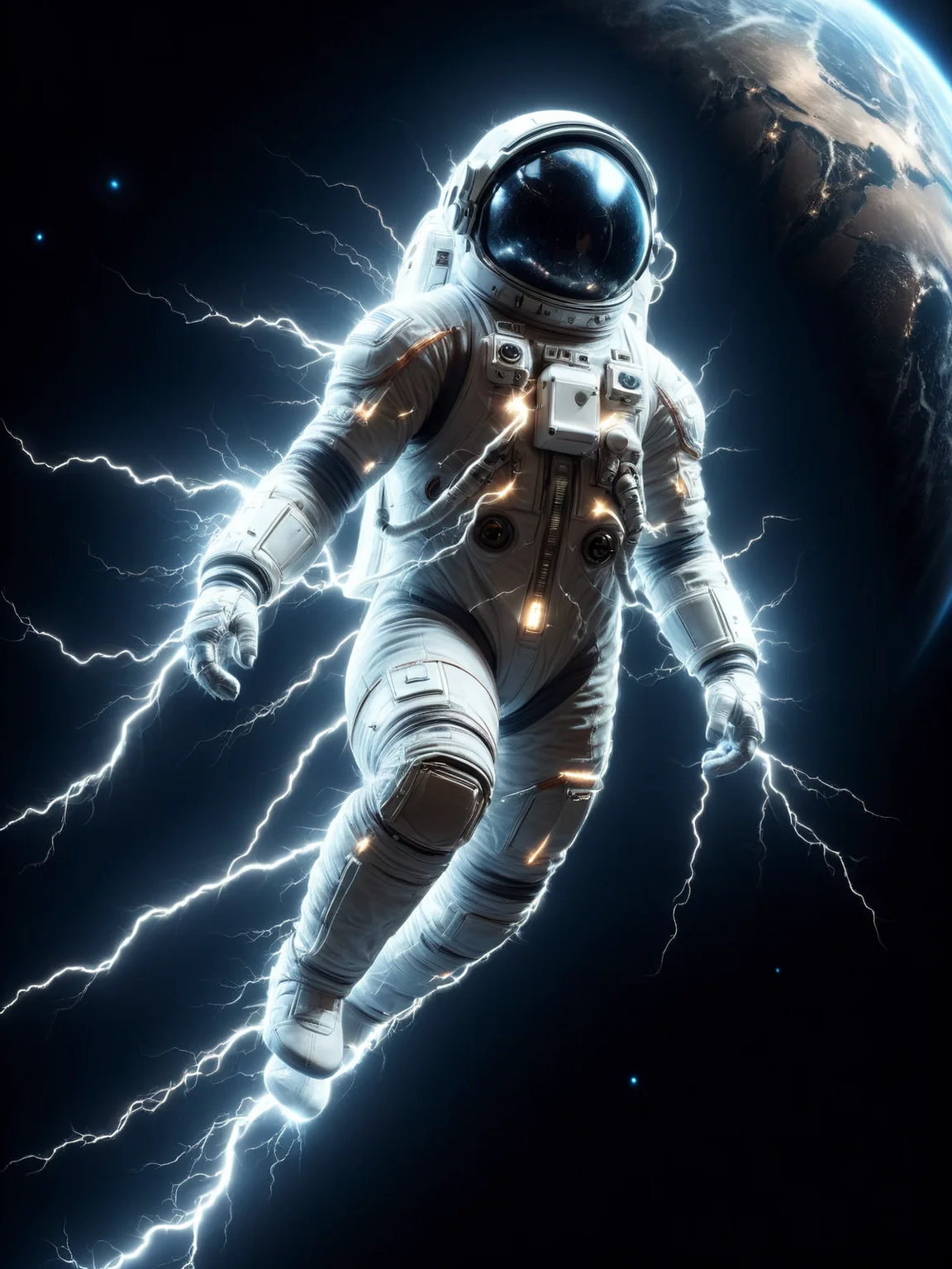 mad-lgthng lightning astronaut in orbit of earth \(planet\), dramatic lighting, cinematic shot , dynamic pose, <lora:Lightning_SDXL:1>, masterpiece, best quality, ultra high res, (photorealistic, realistic:1.2), deep shadow, raw photo, film grain, Fujifilm XT3, 8k uhd, dslr