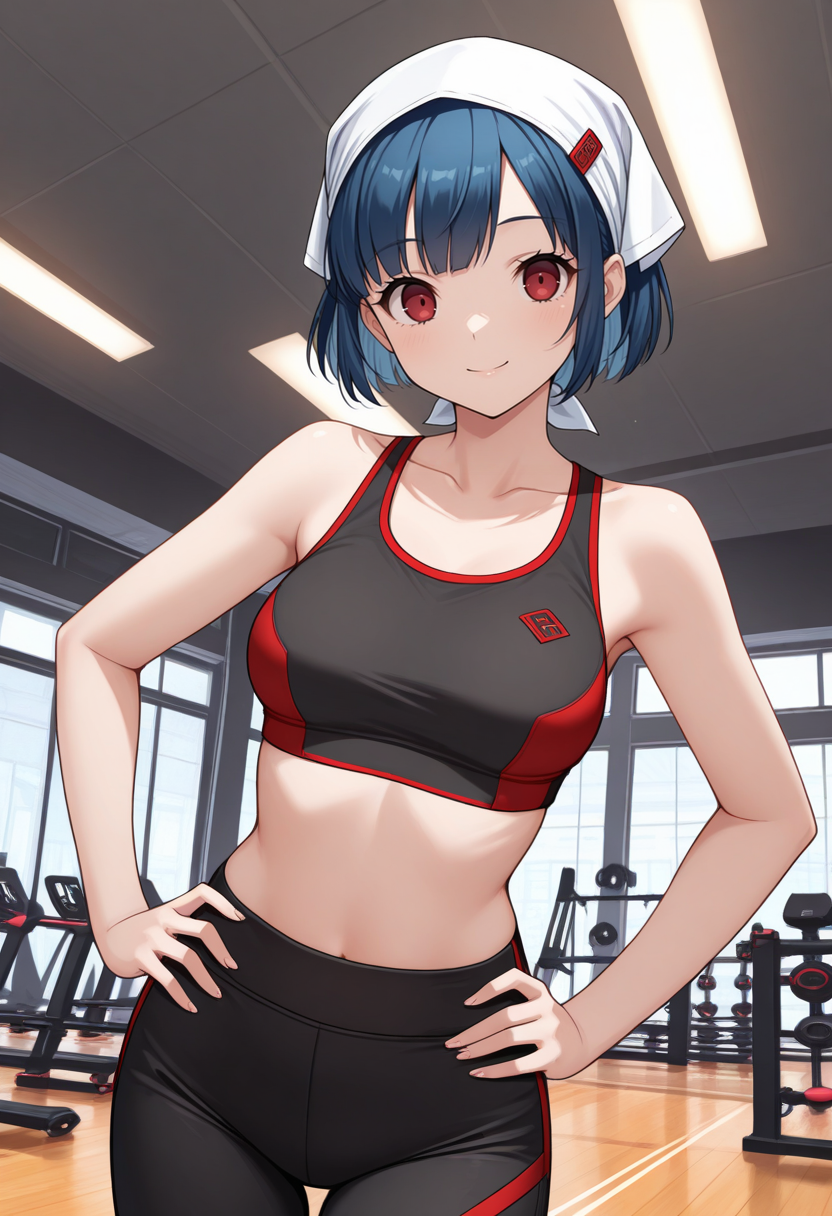 masterpiece, best quality, 1girl, solo, looking at viewer, cowboy shot, smile, gym, hands on hips
red sports bra, black yoga pants
 <lora:zs_AikaILLU:1>  a1k4p4, short hair, blue hair, red eyes, white head scarf,